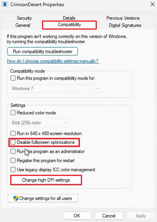 disable full screen optimization and dpi